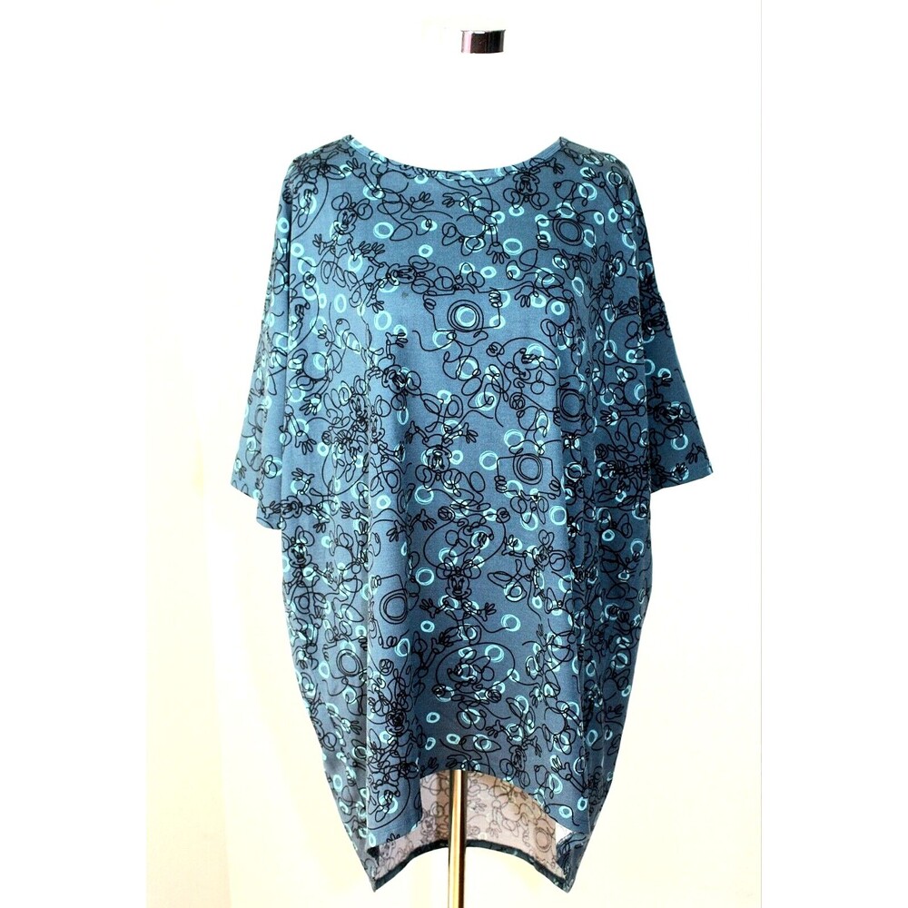Feminine LULAROE Tunic Top IRMA Sz. L Teal Black Aqua Abstract Coastal Ocean #03